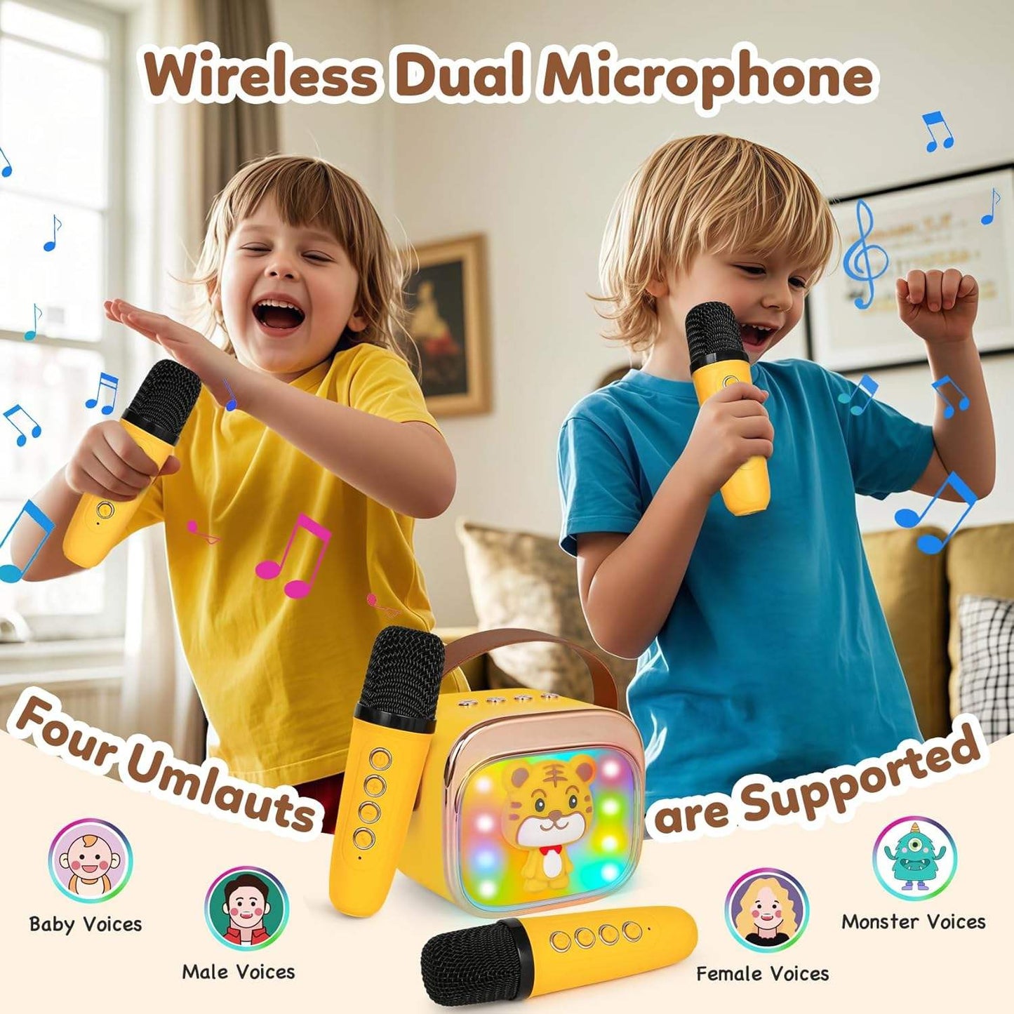 Mini Family Karaoke Machine with 2 Wireless Microphones & LED Lights (Bluetooth 5.3)