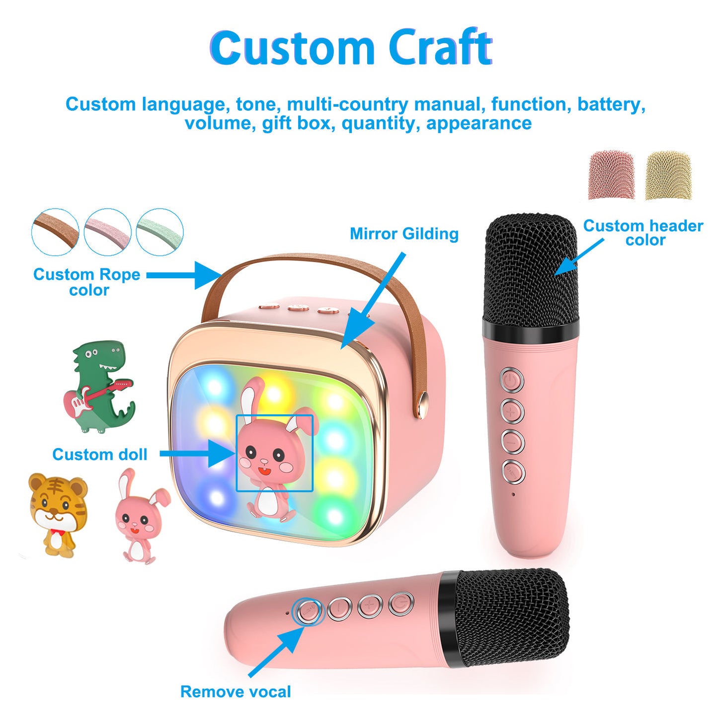 Mini Family Karaoke Machine with 2 Wireless Microphones & LED Lights (Bluetooth 5.3)